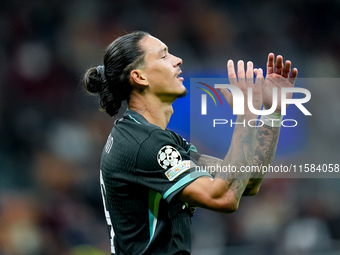 Darwin Nunez of Liverpool FC looks dejected during the UEFA Champions League 2024/25 League Phase MD1 match between AC Milan and Liverpool F...