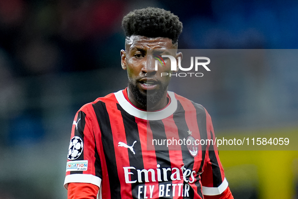 Emerson Royal of AC Milan looks on during the UEFA Champions League 2024/25 League Phase MD1 match between AC Milan and Liverpool FC at Stad...