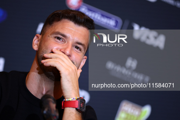 Bulgaria's Grigor Dimitrov and Serbia's Novak Djokovic speak to the media at a press conference before their tennis gala match at Arena Sofi...