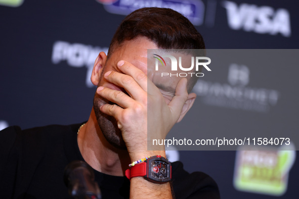 Bulgaria's Grigor Dimitrov and Serbia's Novak Djokovic speak to the media at a press conference before their tennis gala match at Arena Sofi...