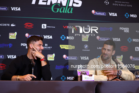 Bulgaria's Grigor Dimitrov and Serbia's Novak Djokovic speak to the media at a press conference before their tennis gala match at Arena Sofi...