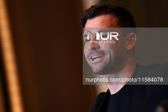 Bulgaria's Grigor Dimitrov and Serbia's Novak Djokovic speak to the media at a press conference before their tennis gala match at Arena Sofi...