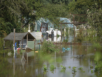 Social gardens are submerged in floodwaters in Wroclaw, Poland, on September 18, 2024. The government outlines a reconstruction plan once th...