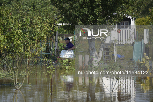 A man carries a pet transporter as he looks for stray cats in submerged social gardens on the outskirts of Wroclaw, Poland, on September 18,...