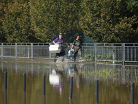 People carry pet transporters and look for stray cats as they prepare for the flood wave to reach Wroclaw, Poland, on September 18, 2024. Th...