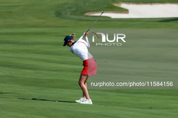 GAINESVILLE, VIRGINIA - SEPTEMBER 15: Sarah Schmelzel of the United States hits to the 18th green at the conclusion of the Solheim Cup at Ro...