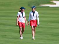 GAINESVILLE, VIRGINIA - SEPTEMBER 15: Sarah Schmelzel of the United States walks with Captain Stacy Lewis of the United States to the 18th g...