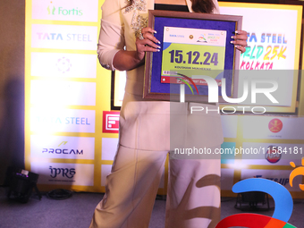 Actress Koushani Mukherjee attends the Tata Steel World 25K Kolkata Meet the Press in Kolkata, India, on September 18, 2024. (