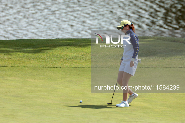 GAINESVILLE, VIRGINIA - SEPTEMBER 15: Leona Maguire of Team Europe prepares to putt on hole 11 during the final round of the Solheim Cup at...