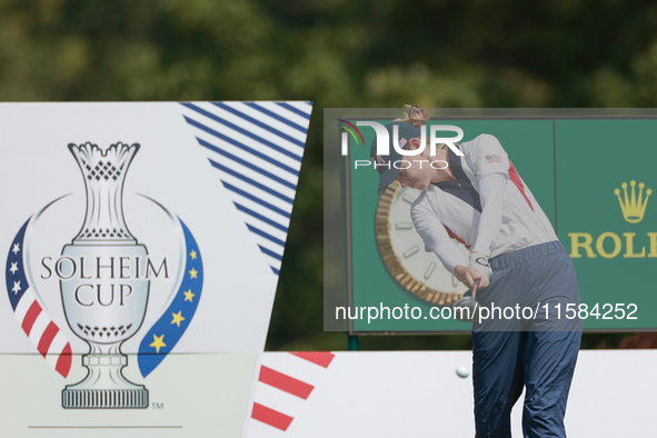 GAINESVILLE, VIRGINIA - SEPTEMBER 15: Sarah Schmelzel of the United States hits from the 12th tee during the final round of the Solheim Cup...