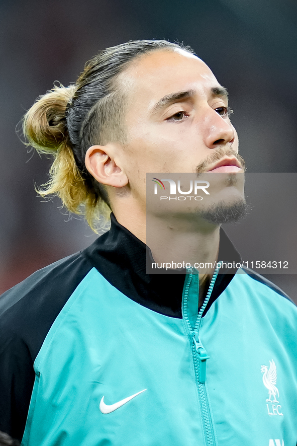 Kostas Tsimikas of Liverpool FC looks on during the UEFA Champions League 2024/25 League Phase MD1 match between AC Milan and Liverpool FC a...