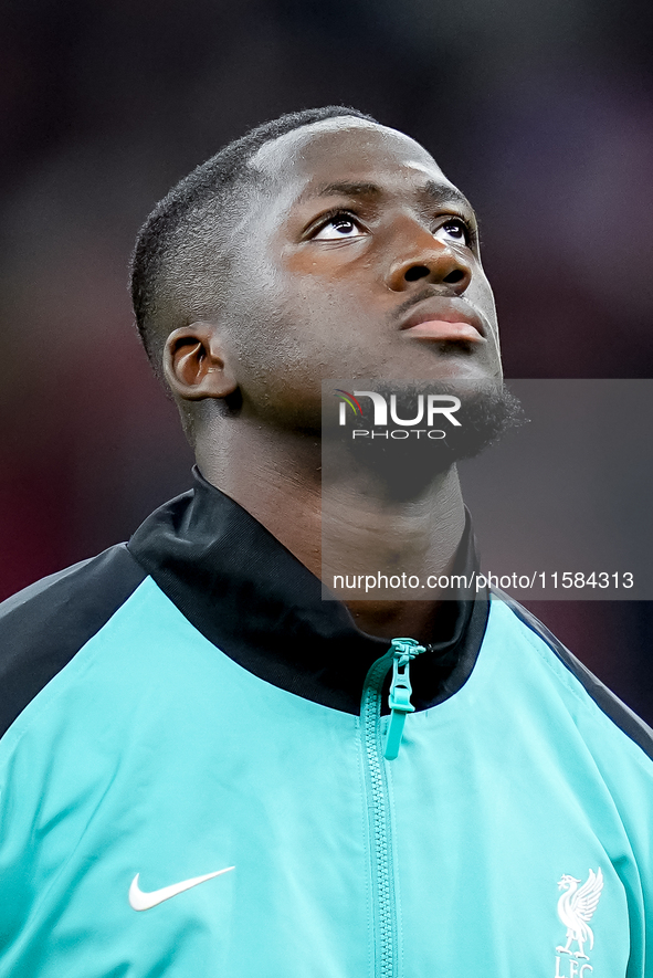 Ibrahima Konate' of Liverpool FC looks on during the UEFA Champions League 2024/25 League Phase MD1 match between AC Milan and Liverpool FC...