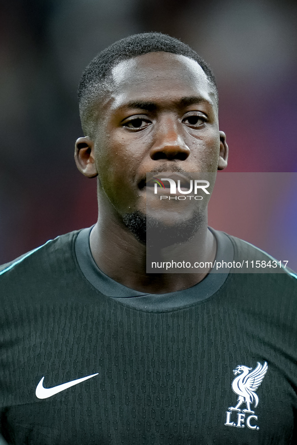 Ibrahima Konate' of Liverpool FC looks on during the UEFA Champions League 2024/25 League Phase MD1 match between AC Milan and Liverpool FC...