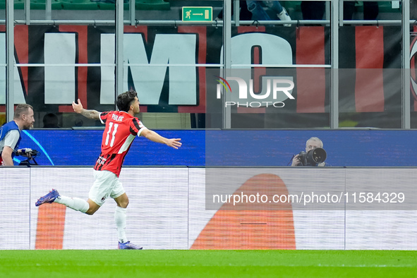 Christian Pulisic of AC Milan celebrates after scoring first goal during the UEFA Champions League 2024/25 League Phase MD1 match between AC...