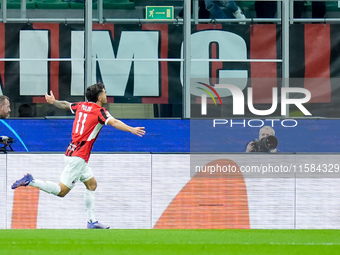 Christian Pulisic of AC Milan celebrates after scoring first goal during the UEFA Champions League 2024/25 League Phase MD1 match between AC...