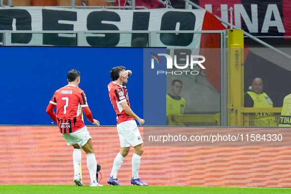 Christian Pulisic of AC Milan celebrates after scoring first goal during the UEFA Champions League 2024/25 League Phase MD1 match between AC...