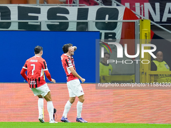 Christian Pulisic of AC Milan celebrates after scoring first goal during the UEFA Champions League 2024/25 League Phase MD1 match between AC...