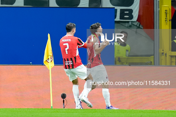 Christian Pulisic of AC Milan celebrates after scoring first goal during the UEFA Champions League 2024/25 League Phase MD1 match between AC...