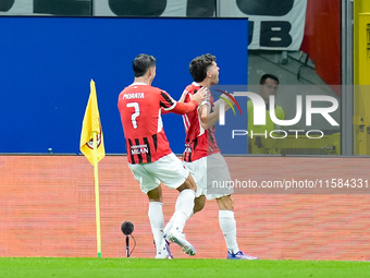 Christian Pulisic of AC Milan celebrates after scoring first goal during the UEFA Champions League 2024/25 League Phase MD1 match between AC...