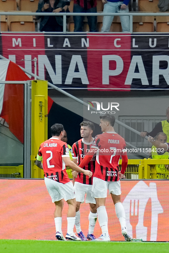 Christian Pulisic of AC Milan celebrates after scoring first goal during the UEFA Champions League 2024/25 League Phase MD1 match between AC...