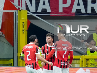 Christian Pulisic of AC Milan celebrates after scoring first goal during the UEFA Champions League 2024/25 League Phase MD1 match between AC...