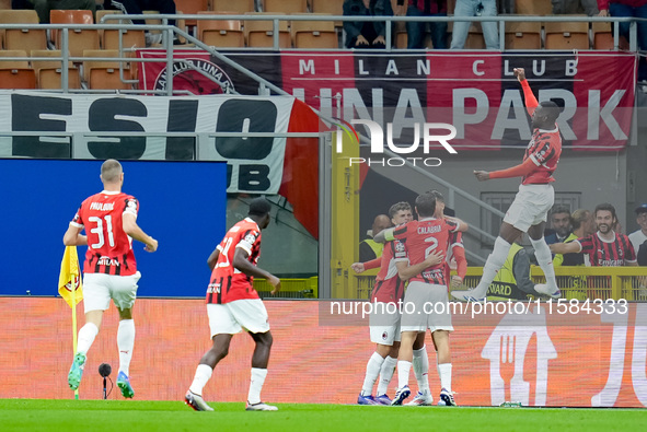 Christian Pulisic of AC Milan celebrates after scoring first goal during the UEFA Champions League 2024/25 League Phase MD1 match between AC...