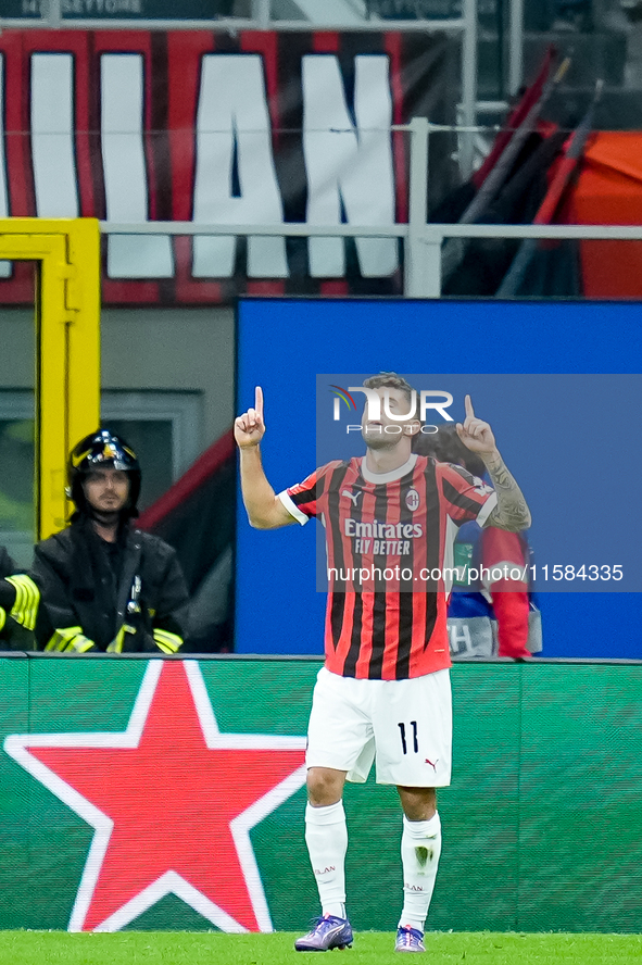 Christian Pulisic of AC Milan celebrates after scoring first goal during the UEFA Champions League 2024/25 League Phase MD1 match between AC...