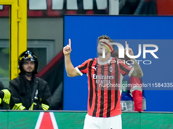 Christian Pulisic of AC Milan celebrates after scoring first goal during the UEFA Champions League 2024/25 League Phase MD1 match between AC...