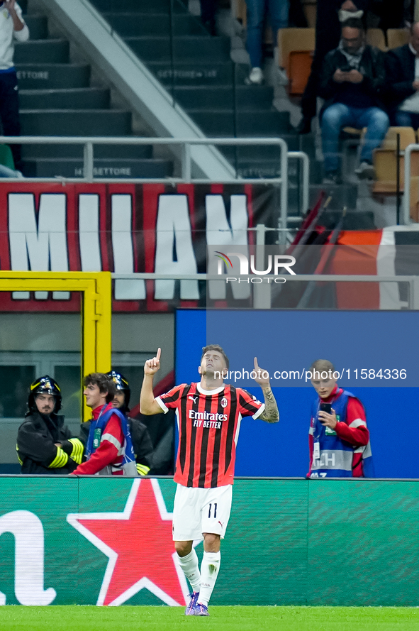 Christian Pulisic of AC Milan celebrates after scoring first goal during the UEFA Champions League 2024/25 League Phase MD1 match between AC...