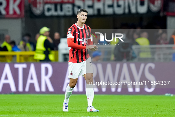 Alvaro Morata of AC Milan gestures during the UEFA Champions League 2024/25 League Phase MD1 match between AC Milan and Liverpool FC at Stad...