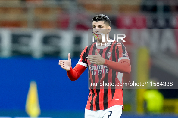 Alvaro Morata of AC Milan gestures during the UEFA Champions League 2024/25 League Phase MD1 match between AC Milan and Liverpool FC at Stad...