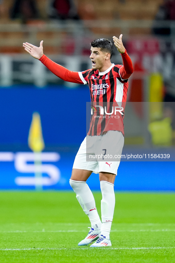 Alvaro Morata of AC Milan gestures during the UEFA Champions League 2024/25 League Phase MD1 match between AC Milan and Liverpool FC at Stad...