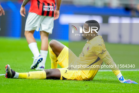 Mike Maignan of AC Milan lies down injured during the UEFA Champions League 2024/25 League Phase MD1 match between AC Milan and Liverpool FC...