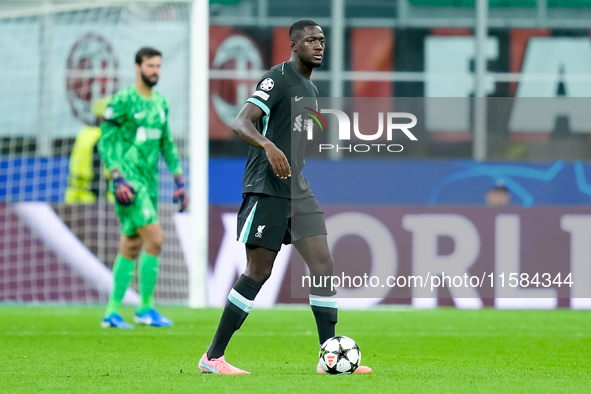 Ibrahima Konate' of Liverpool FC during the UEFA Champions League 2024/25 League Phase MD1 match between AC Milan and Liverpool FC at Stadio...