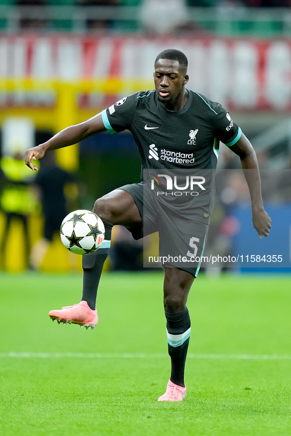 Ibrahima Konate' of Liverpool FC controls the ball during the UEFA Champions League 2024/25 League Phase MD1 match between AC Milan and Live...