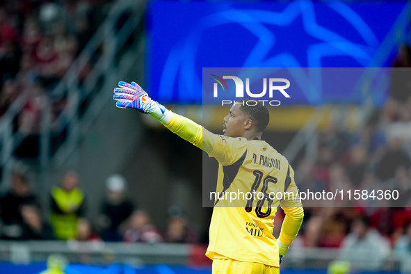 Mike Maignan of AC Milan gestures during the UEFA Champions League 2024/25 League Phase MD1 match between AC Milan and Liverpool FC at Stadi...