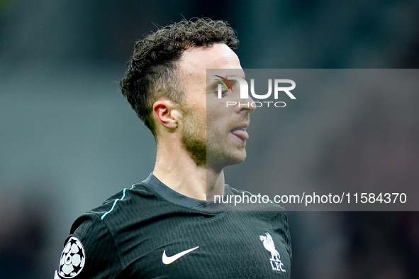 Diogo Jota of Liverpool FC reacts during the UEFA Champions League 2024/25 League Phase MD1 match between AC Milan and Liverpool FC at Stadi...