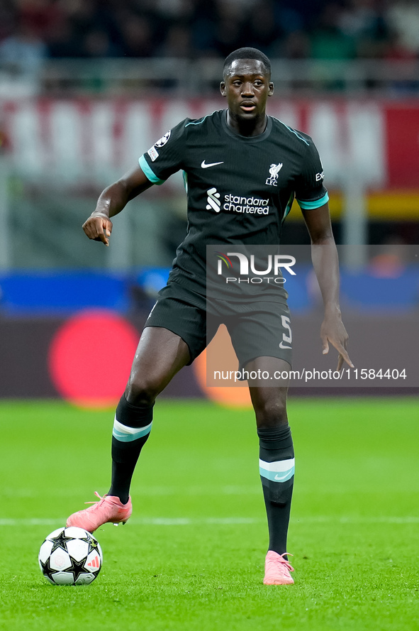 Ibrahima Konate' of Liverpool FC during the UEFA Champions League 2024/25 League Phase MD1 match between AC Milan and Liverpool FC at Stadio...