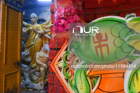 An unfinished idol of the goddess Durga is seen at a potter's hub in Kolkata, India, on September 18, 2024. 