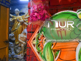 An unfinished idol of the goddess Durga is seen at a potter's hub in Kolkata, India, on September 18, 2024. (