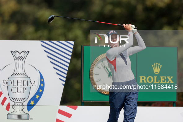 GAINESVILLE, VIRGINIA - SEPTEMBER 15: Sarah Schmelzel of the United States hits from the 12th tee during the final round of the Solheim Cup...