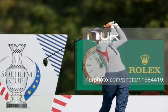 GAINESVILLE, VIRGINIA - SEPTEMBER 15: Sarah Schmelzel of the United States hits from the 12th tee during the final round of the Solheim Cup...