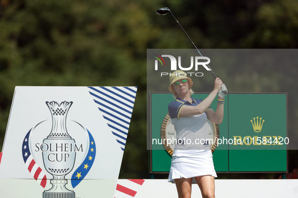 GAINESVILLE, VIRGINIA - SEPTEMBER 15: Madelene Sagstrom of Team Europe looks from  the 12th tee during the final round of the Solheim Cup at...