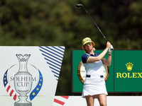 GAINESVILLE, VIRGINIA - SEPTEMBER 15: Madelene Sagstrom of Team Europe looks from  the 12th tee during the final round of the Solheim Cup at...