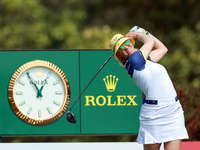 GAINESVILLE, VIRGINIA - SEPTEMBER 15: Madelene Sagstrom of Team Europe hits from the 12th tee during the final round of the Solheim Cup at R...