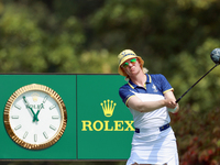 GAINESVILLE, VIRGINIA - SEPTEMBER 15: Madelene Sagstrom of Team Europe hits from the 12th tee during the final round of the Solheim Cup at R...