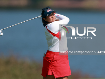 GAINESVILLE, VIRGINIA - SEPTEMBER 15: Lilia Vu of of Team USA hits from the 12th fairway during the final round of the Solheim Cup at Robert...