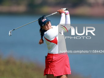 GAINESVILLE, VIRGINIA - SEPTEMBER 15: Lilia Vu of Team USA hits from the 12th fairway during the final round of the Solheim Cup at Robert Tr...