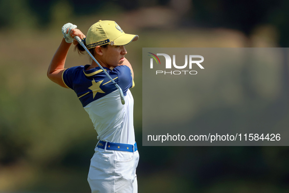 GAINESVILLE, VIRGINIA - SEPTEMBER 15: Albane Valenzuela of Team Europe hits from the 12th fairway during the final round of the Solheim Cup...