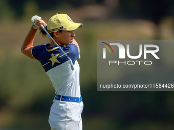 GAINESVILLE, VIRGINIA - SEPTEMBER 15: Albane Valenzuela of Team Europe hits from the 12th fairway during the final round of the Solheim Cup...